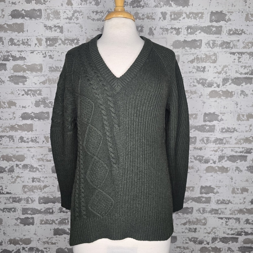 Autumn Cashmere Sweater Womens Small Green Asymmetrical Hem‎ V Neck Cable Knit